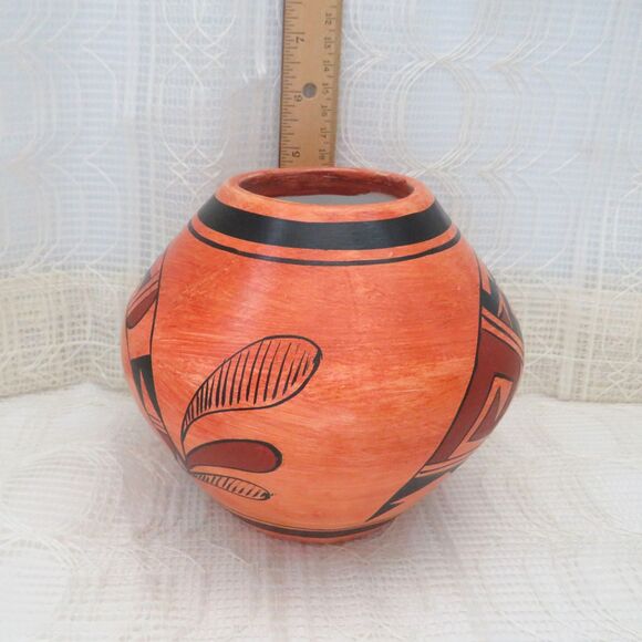 Vintage Orange Handpainted Mexican Pottery with Handpainted Hopi Style Design - Picture 6 of 10